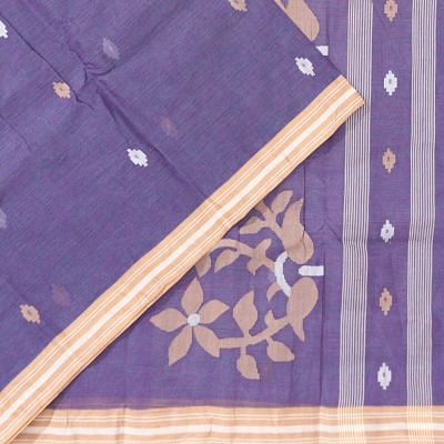 Dhakai Handspun Cotton Butta Blue Saree With Jamdani Pallu