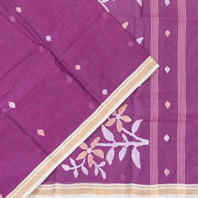 Dhakai Handspun Cotton Butta Purple Saree With Jamdani Pallu