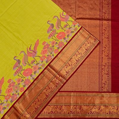 Kanchipuram Silk Horizontal Lines Mehendi Green Saree With Embroidery