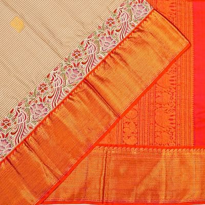 Kanchipuram Silk Horizontal Lines And Butta Cream Saree With Embroidery