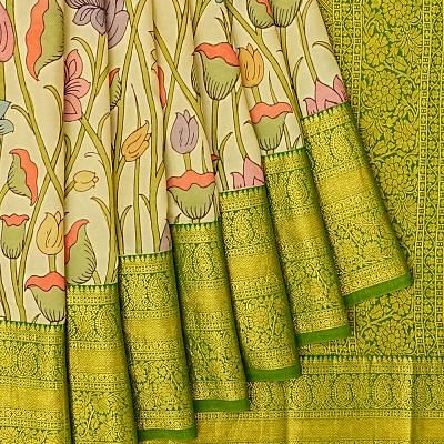 Taranga Kanchi Soft Silk Kalamkari Hand Painted Cream Saree