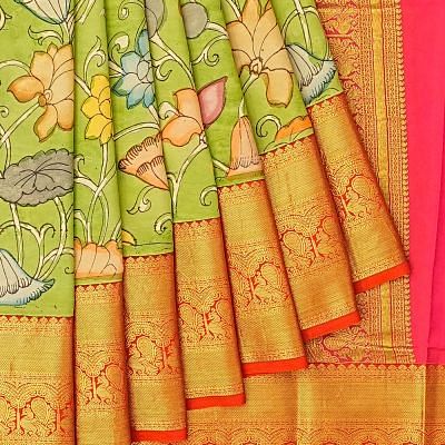 Taranga Kanchi Soft Silk Kalamkari Hand Painted Pastel Green Saree