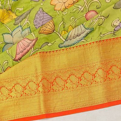 Taranga Kanchi Soft Silk Kalamkari Hand Painted Pastel Green Saree