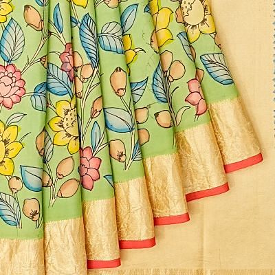 Taranga Kanchi Soft Silk Kalamkari Hand Painted Pale Green Saree