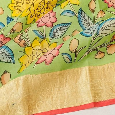 Taranga Kanchi Soft Silk Kalamkari Hand Painted Pale Green Saree