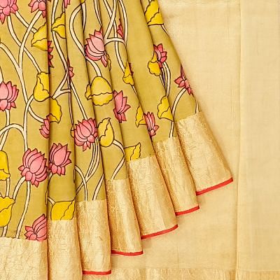 Taranga Kanchi Soft Silk Kalamkari Hand Painted Biege Saree