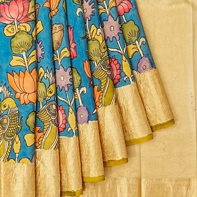 Taranga Kanchi Soft Silk Kalamkari Hand Painted Blue Saree