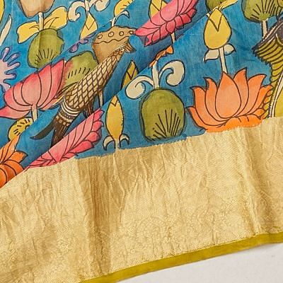 Taranga Kanchi Soft Silk Kalamkari Hand Painted Blue Saree