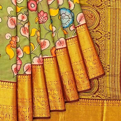 Taranga Kanchi Soft Silk Kalamkari Hand Painted Pista Green Saree