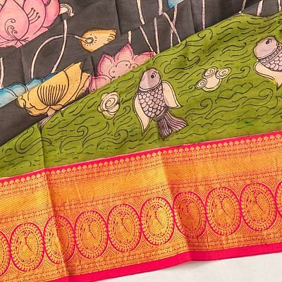 Taranga Kanchi Soft Silk Kalamkari Hand Painted Black Saree