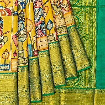 Taranga Kanchi Soft Silk Kalamkari Hand Painted Yellow Saree