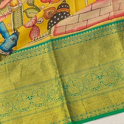 Taranga Kanchi Soft Silk Kalamkari Hand Painted Yellow Saree