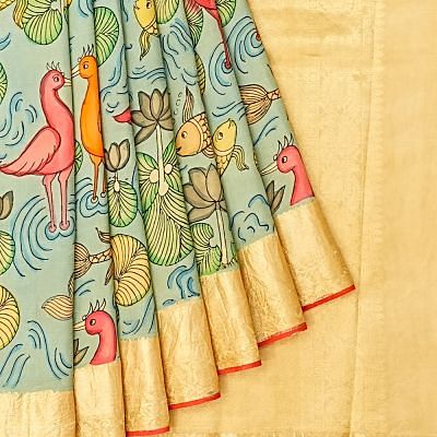 Taranga Kanchi Soft Silk Kalamkari Hand Painted Sky Blue Saree