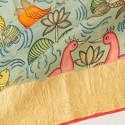 Taranga Kanchi Soft Silk Kalamkari Hand Painted Sky Blue Saree