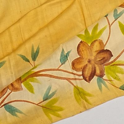 Tussar Floral Printed Pale Yellow And Cream Saree