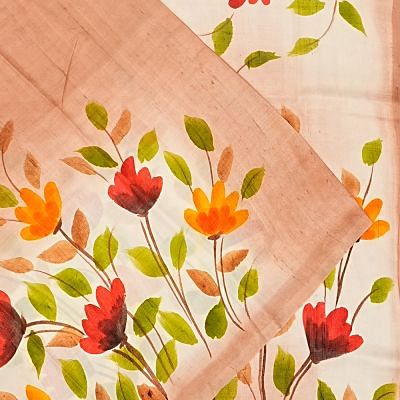 Tussar Floral Printed Peach And Cream Saree