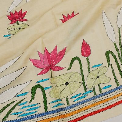 Tussar Kantha Embroidery Cream Saree