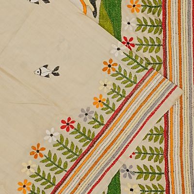 Tussar Kantha Embroidery Cream Saree