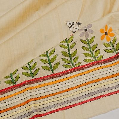 Tussar Kantha Embroidery Cream Saree