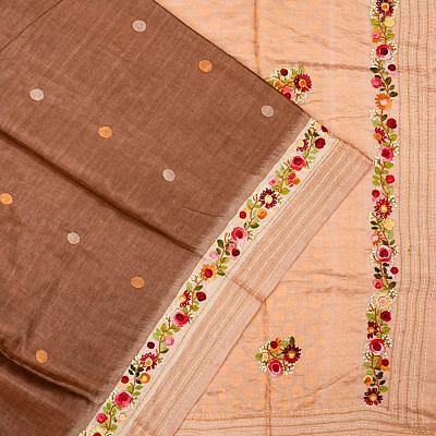 Tussar Butta Choco Brown Saree With Embroidery Border