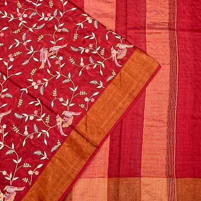 Tussar Floral Embroidery Brocade Maroon Saree