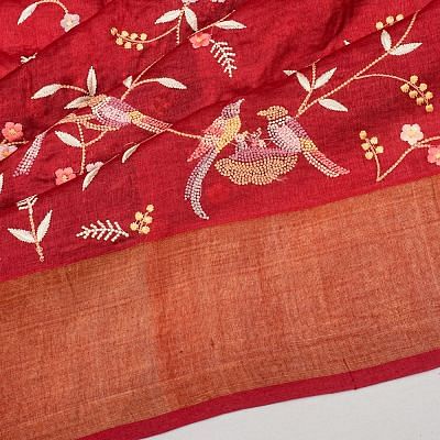 Tussar Floral Embroidery Brocade Maroon Saree