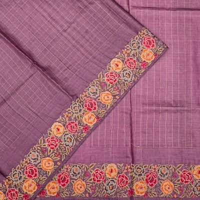 Tussar Checks Violet Saree With Embroidery Border