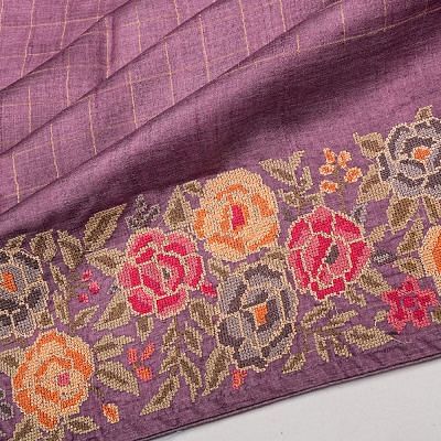 Tussar Checks Violet Saree With Embroidery Border