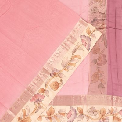 Chanderi Cotton Plain Jaal Pastel Pink Saree With Handpainted Border