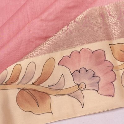 Chanderi Cotton Plain Jaal Pastel Pink Saree With Handpainted Border