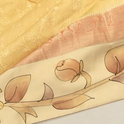 Chanderi Cotton Embroidery Jaal Yellow Saree With Handpainted Border