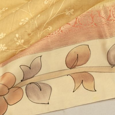 Chanderi Cotton Embroidery Jaal Yellow Saree With Handpainted Border