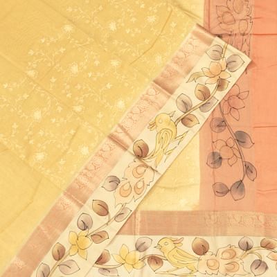 Chanderi Cotton Embroidery Jaal Yellow Saree With Handpainted Border