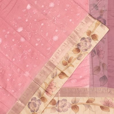 Chanderi Cotton Embroidery Jaal Pastel Pink Saree With Handpainted Border