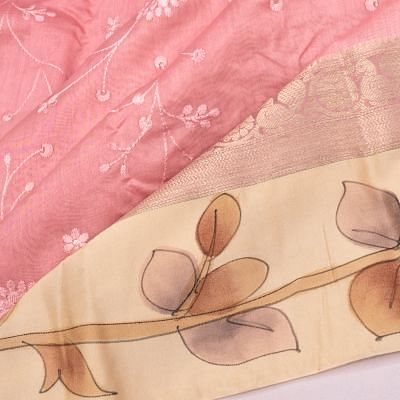 Chanderi Cotton Embroidery Jaal Pastel Pink Saree With Handpainted Border