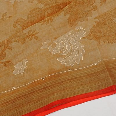 Linen Tissue Floral Printed Brown Saree With Aari Outlined