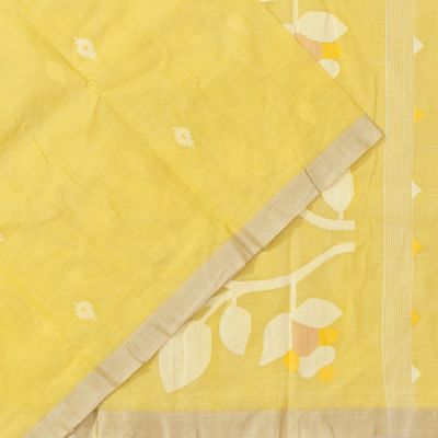 Dhakai Handspun Cotton Butta Lemon Yellow Saree With Jamdani Pallu