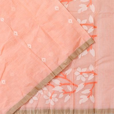 Dhakai Handspun Cotton Butta Peach Saree With Jamdani Pallu