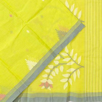 Dhakai Handspun Cotton Butta Neon Green Saree With Jamdani Pallu