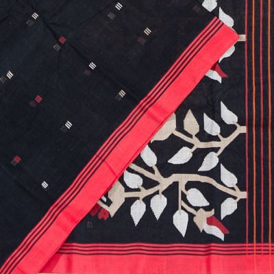 Dhakai Handspun Cotton Butta Black Saree With Jamdani Pallu