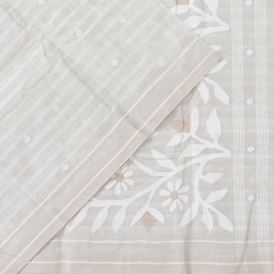 Dhakai Handspun Cotton Horizontal Lines And Butta Off White Saree With Jamdani Pallu