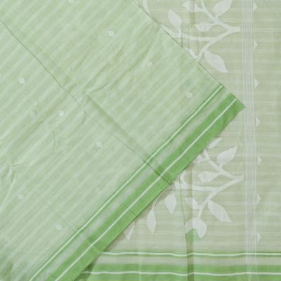 Dhakai Handspun Cotton Horizontal Lines And Butta Pastel Green Saree With Jamdani Pallu