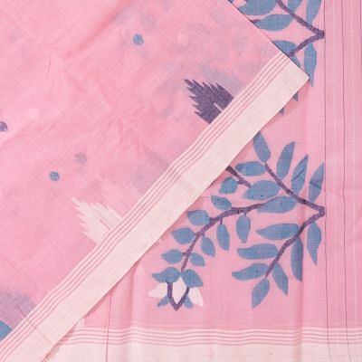 Dhakai Handspun Cotton Butta Baby Pink Saree With Jamdani Pallu