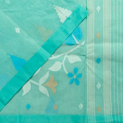 Dhakai Handspun Cotton Butta Sea Green Saree With Jamdani Pallu