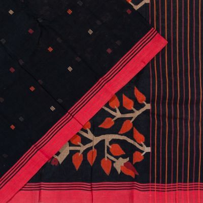 Dhakai Handspun Cotton Butta Black Saree With Jamdani Pallu