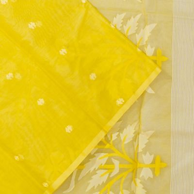 Dhakai Kora Organza Jamdani Butta Lemon Yellow Saree