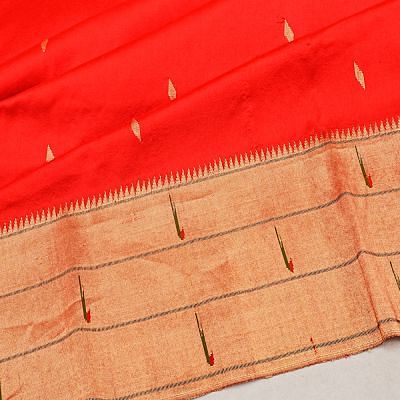 Paithani Silk Butta Red Saree With Triple Muniya Border