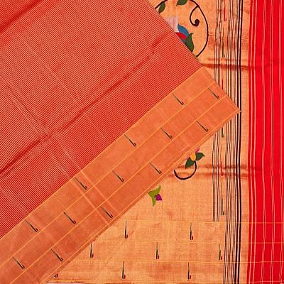 Paithani Silk Vertical Lines Red Saree With Triple Muniya Border