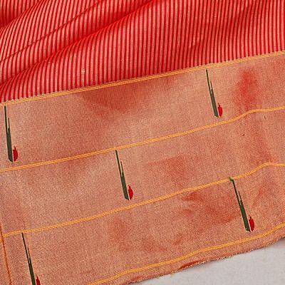 Paithani Silk Vertical Lines Red Saree With Triple Muniya Border