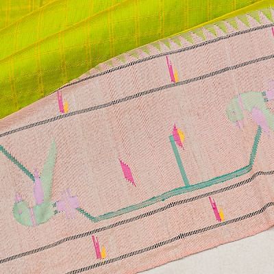 Paithani Silk Checks Parrot Green Saree With Akruthi Border